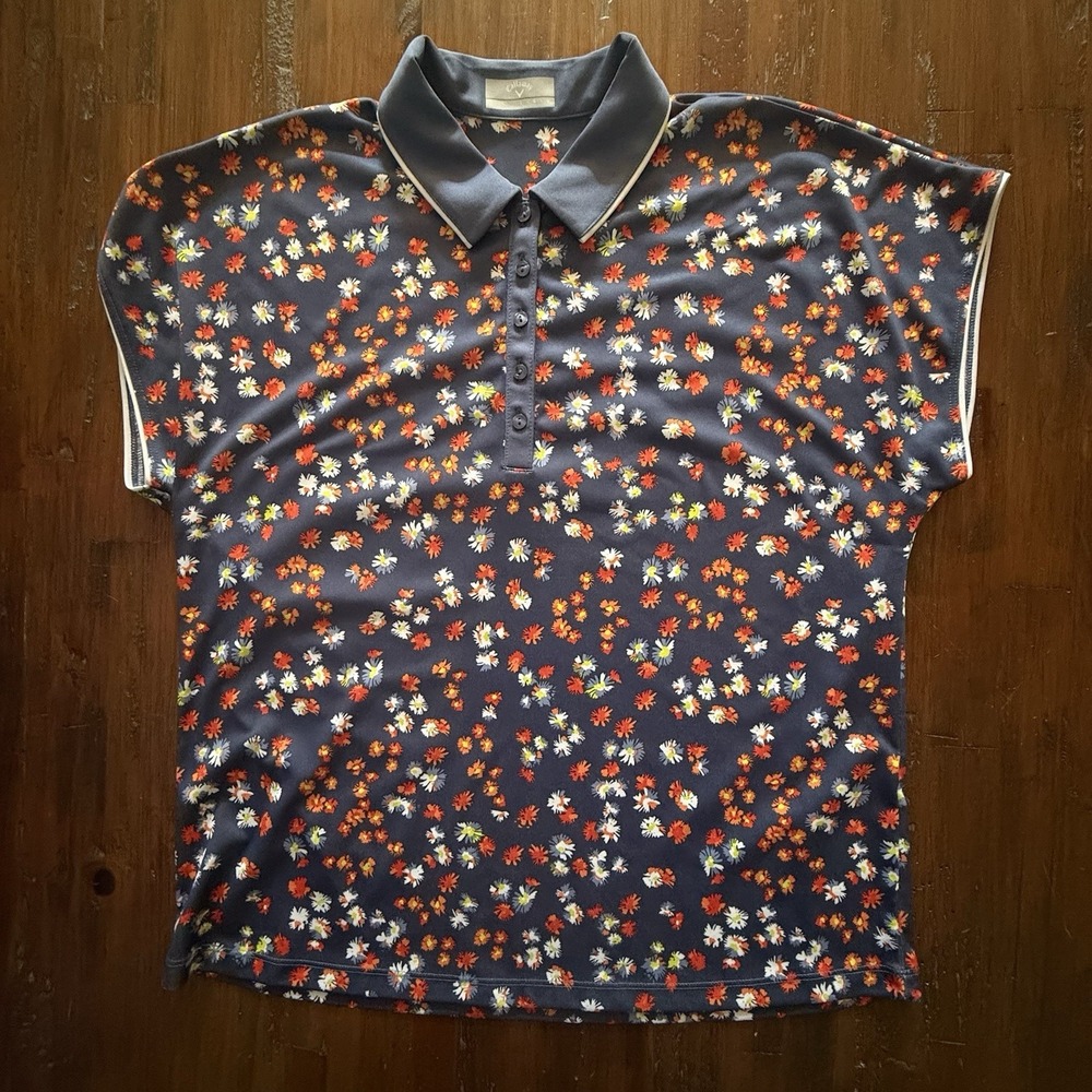Callaway Opti-Dri Women's L Navy Floral Daisy Golf Polo Shirt EUC Cap Sleeve